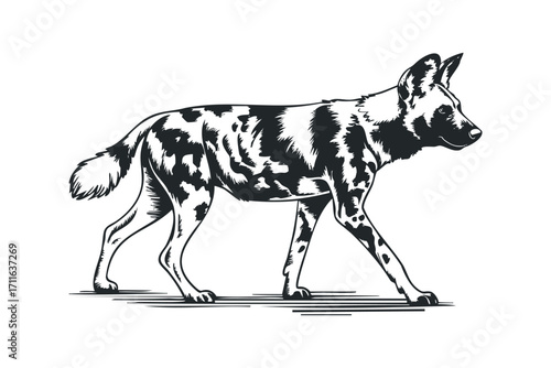 African wild dog walking on a white background. Vector hand drawn illustration