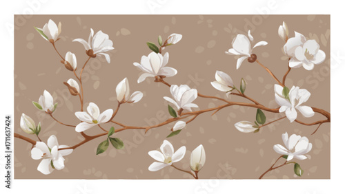 Illustration of a flowering branch with white flowers and buds on a beige colored background