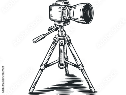 Line art camera on tripod on transparent background. Vector hand drawn illustration