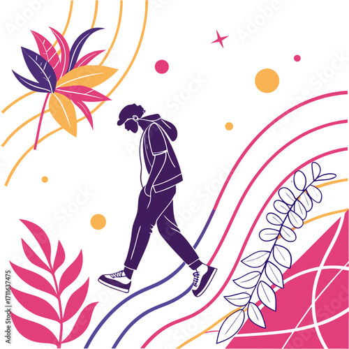 Stylish young man walking confidently amidst abstract colorful shapes and vibrant tropical leaves