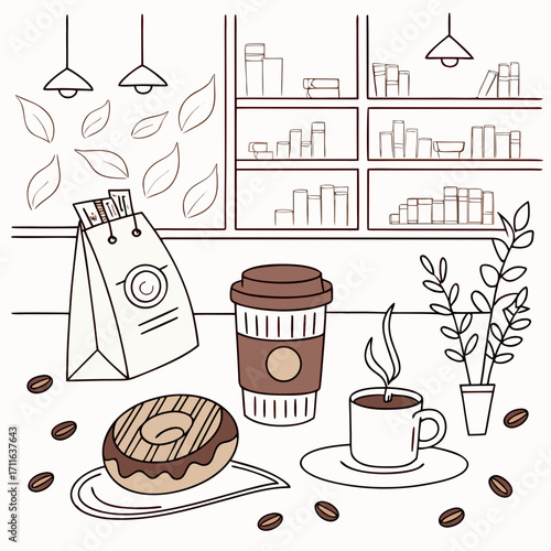 Cozy coffee shop scene with a donut coffee cup and books on shelves