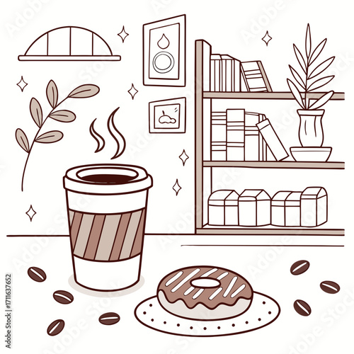 Cozy morning scene with a steaming coffee cup delicious donut and books on a shelf