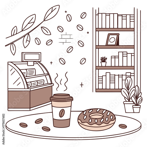 Cozy coffee shop scene with a steaming cup of coffee a donut and a bookshelf filled with books