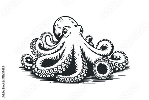 Monochromatic illustration of an octopus with eight tentacles curled around its body on a transparent background. Vector hand drawn illustration