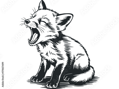 Yawning fox cub illustration on a transparent background. Vector hand drawn illustration