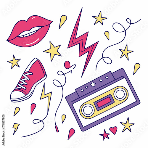 Retro 1980s 1990s style doodle elements featuring lips shoe cassette tape lightning bolt stars and confetti