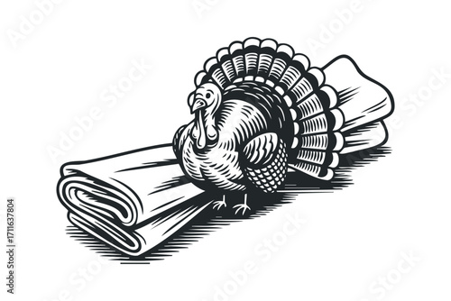 Turkey and folded napkin on transparent background. Vector hand drawn illustration