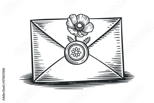 Line art envelope sealed with a flower and seal on transparent background. Vector hand drawn illustration