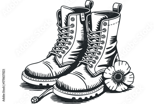Pair of combat boots with poppy flower. Vector hand drawn illustration
