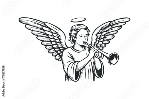 Winged messenger with halo plays trumpet announcing news on white. Vector hand drawn illustration