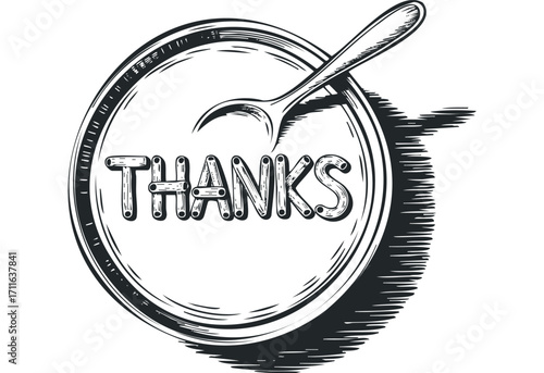 Gratitude message with spoon and plate graphics. Vector hand drawn illustration