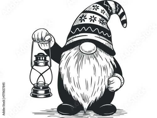 Gnome holding lantern on transparent background. Vector hand drawn illustration