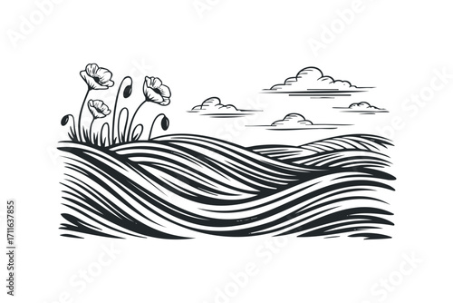 Sketch of poppies blooming in rolling hills under a cloudy sky. Vector hand drawn illustration
