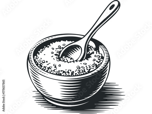 Wooden spoon in a bowl filled with granular material on a transparent background. Vector hand drawn illustration