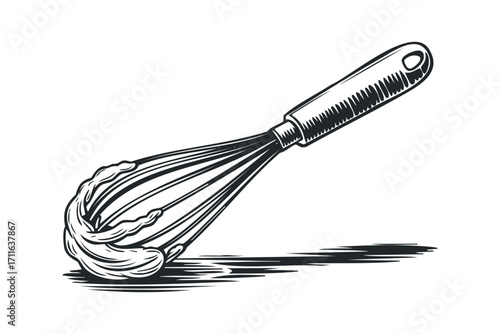 Kitchen whisk with whipped cream, transparent background. Vector hand drawn illustration