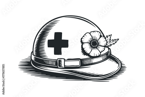 Symbolic helmet with poppy and cross transparent. Vector hand drawn illustration