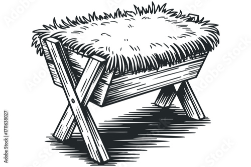 Wooden manger filled with straw on white transparent background. Vector hand drawn illustration