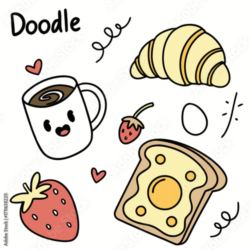 Cute doodle collection of breakfast foods including coffee croissant toast with egg and strawberries