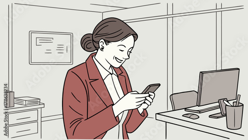 A woman in a blazer is looking at her phone in an office with a computer and desk in the background