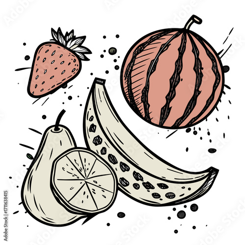 Hand drawn sketchy assortment of fresh fruits including strawberry watermelon banana pear and orange slice