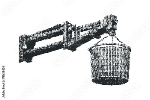 Grappling crane arm with hanging bucket on transparent background. Vector hand drawn illustration
