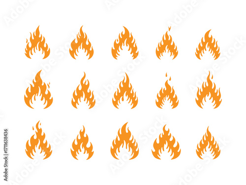 Collection of diverse flaming fire icons representing heat energy and combustion elements