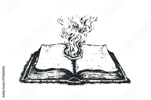 Open book emitting smoke isolated on transparent background. Vector hand drawn illustration