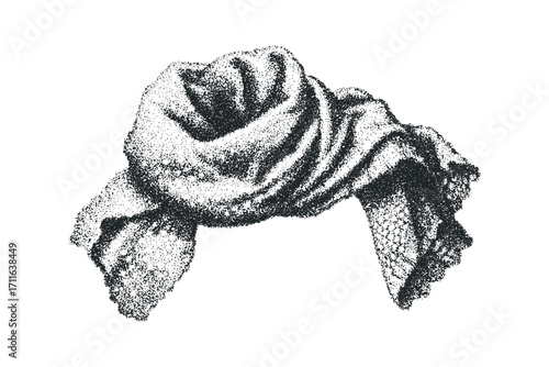 Textured monochrome scarf tied in a knot on a white canvas. Vector hand drawn illustration