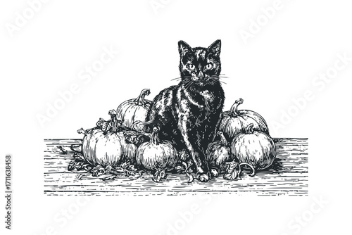 Black cat sitting on pile of pumpkins. Vector hand drawn illustration
