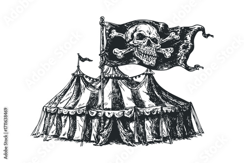 Pirate flag with skull and bones flies above a circus tent. Vector hand drawn illustration