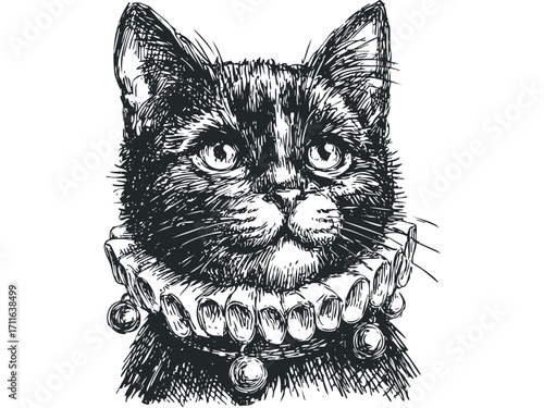 Pencil sketch portrait of a fluffy black cat wearing a ruffled collar with pearls. Vector hand drawn illustration