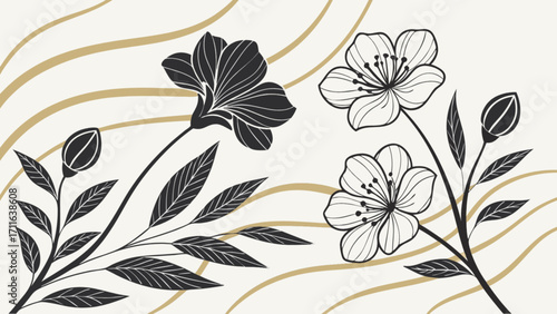 Illustration of black and white flowers with buds and leaves on a background with gold curves