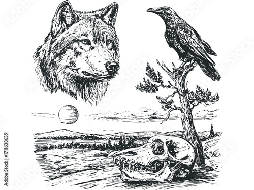 Wolf head, raven on tree, and skull on desolate landscape. Vector hand drawn illustration