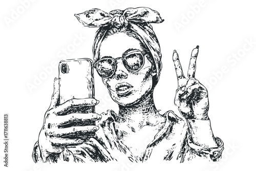 Sketch of a woman with bandana and sunglasses taking a selfie and flashing peace sign. Vector hand drawn illustration