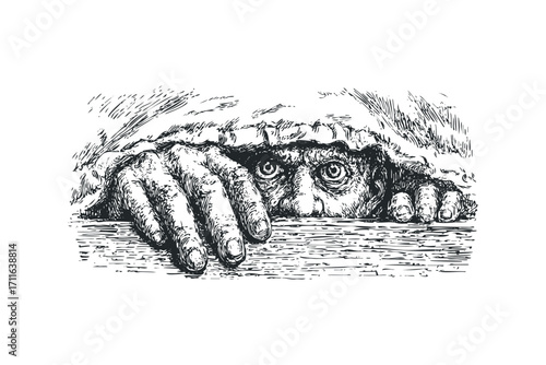 Man Peeking from Under Blanket With Dramatic Eyes and Hands. Vector hand drawn illustration