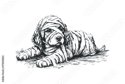 Dog wrapped in bandages lying down, on transparent background. Vector hand drawn illustration
