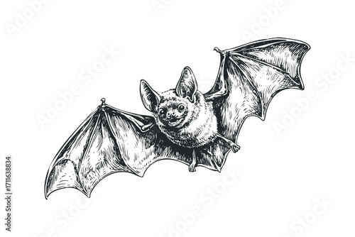 Detailed sketch of a flying bat isolated on a transparent background. Vector hand drawn illustration