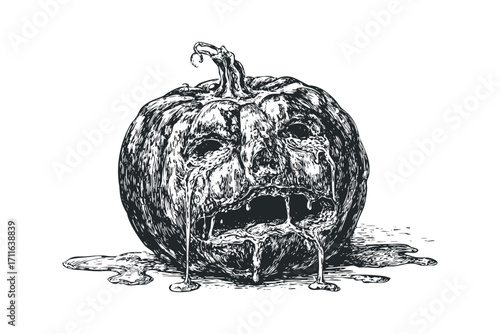Horror Halloween pumpkin with melted face and dripping liquid. Vector hand drawn illustration
