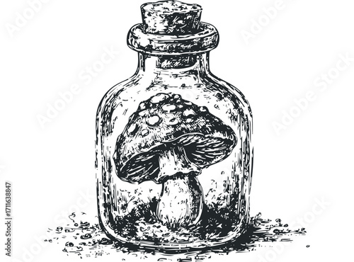 Pincushion Mushroom in a Corked Glass Bottle Sketch. Vector hand drawn illustration