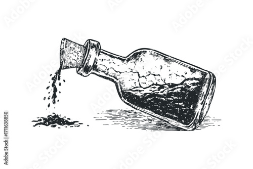 Glass bottle with cork pouring liquid. Vector hand drawn illustration