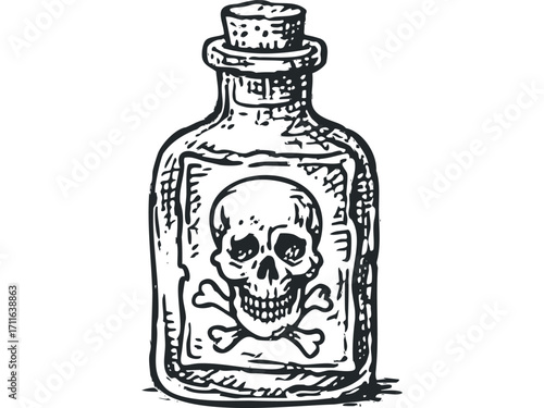 Ink drawing of a vintage poison bottle with skull and crossbones on transparent background. Vector hand drawn illustration