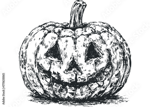 Hand drawn sketch of a carved Halloween pumpkin on a transparent. Vector hand drawn illustration