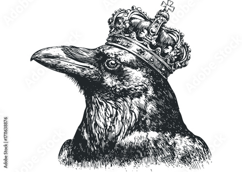 Ink drawing of a crow wearing a crown on a transparent background. Vector hand drawn illustration