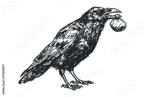 Black bird holding pouch in beak. Vector hand drawn illustration