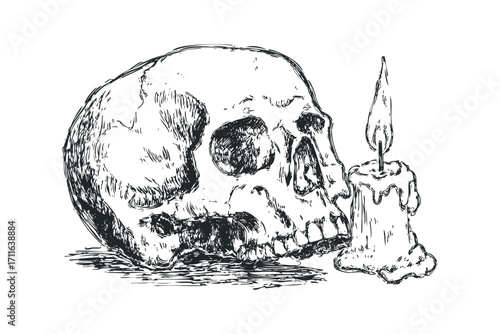 Sketch of a human skull next to a burning candle on a transparent background. Vector hand drawn illustration