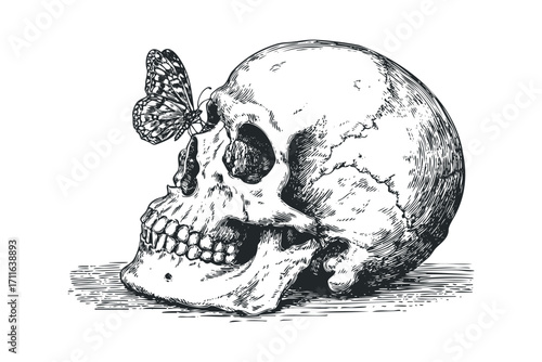 Detailed woodcut of a human skull with a butterfly on its forehead. Vector hand drawn illustration