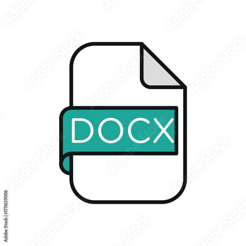 Illustration of a document file with docx extension and a folded corner on a white background design
