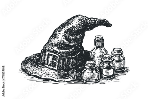 Witch hat with corked potion bottles on transparent background. Vector hand drawn illustration