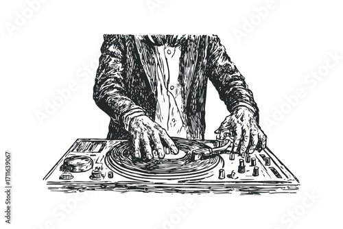 Sketch of a DJ manipulating record player controls and vinyl. Vector hand drawn illustration