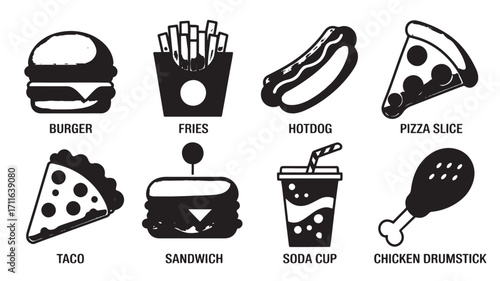 Set of eight monochrome fast food icons burger fries hotdog pizza slice taco sandwich soda cup and chicken drumstick representing classic American diner food